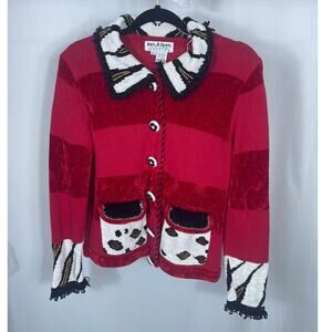 VTG Jack B Quick red cardigan SWEATER zebra Dalmatian stripe spots art you wear